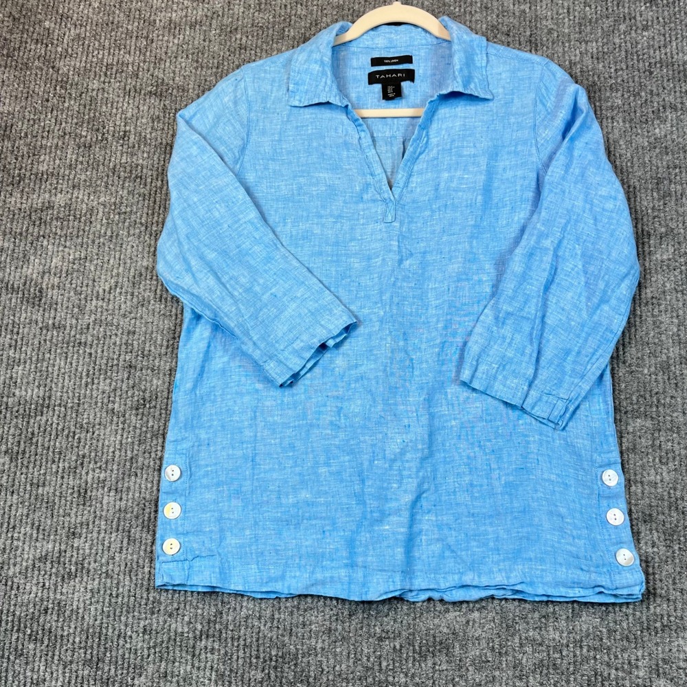 Tahari Tunic Top 100% Linen Blue Side Button Coastal Grandma Lagenlook Preppy S